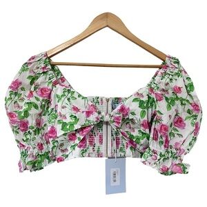 Hill House Isabella Crop Top Size S Pink Roses Floral Puff Sleeve Feminine